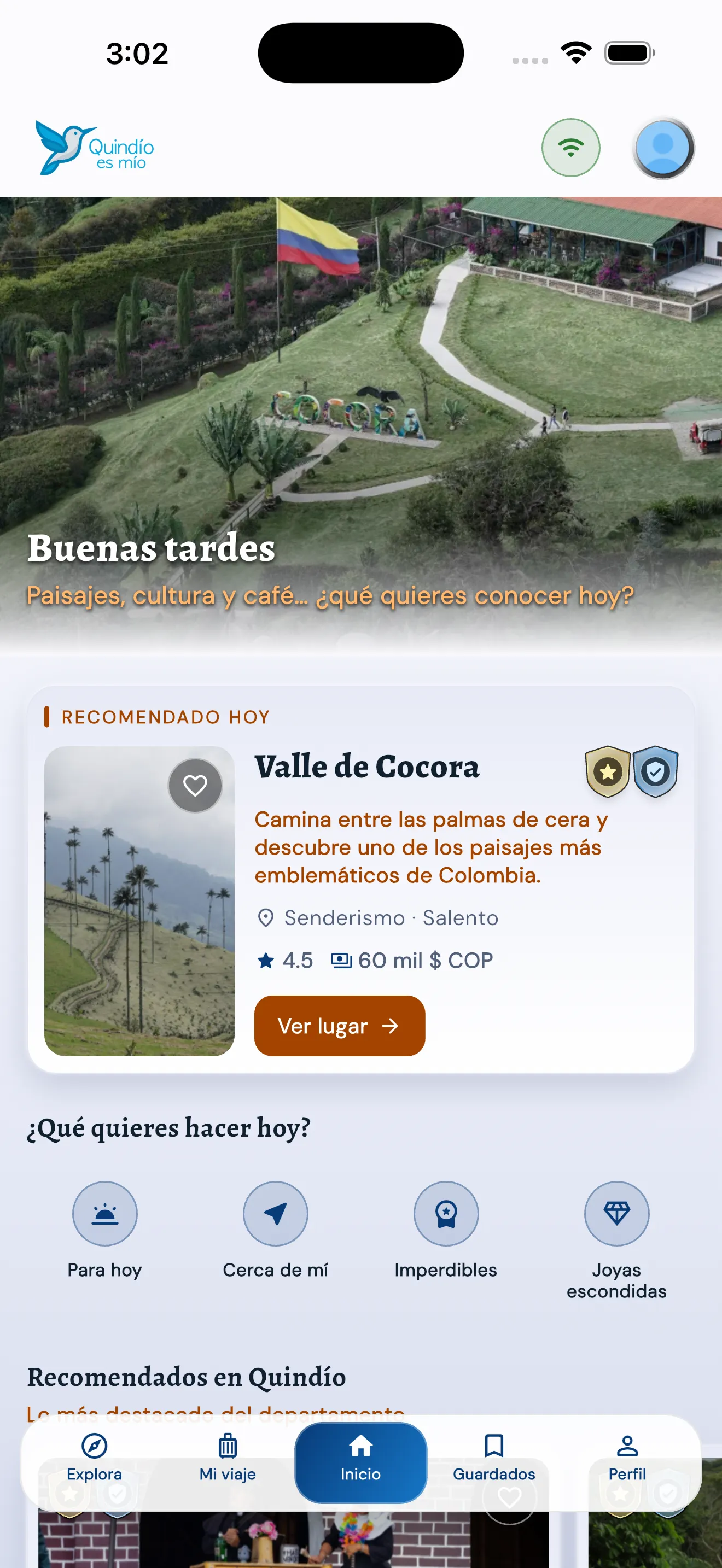 Pantalla de inicio actual de Quindío es Mío
