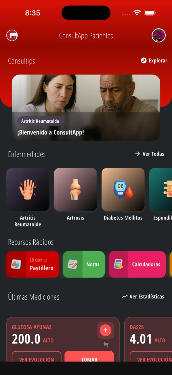 Pantalla real de ConsultApp Pacientes