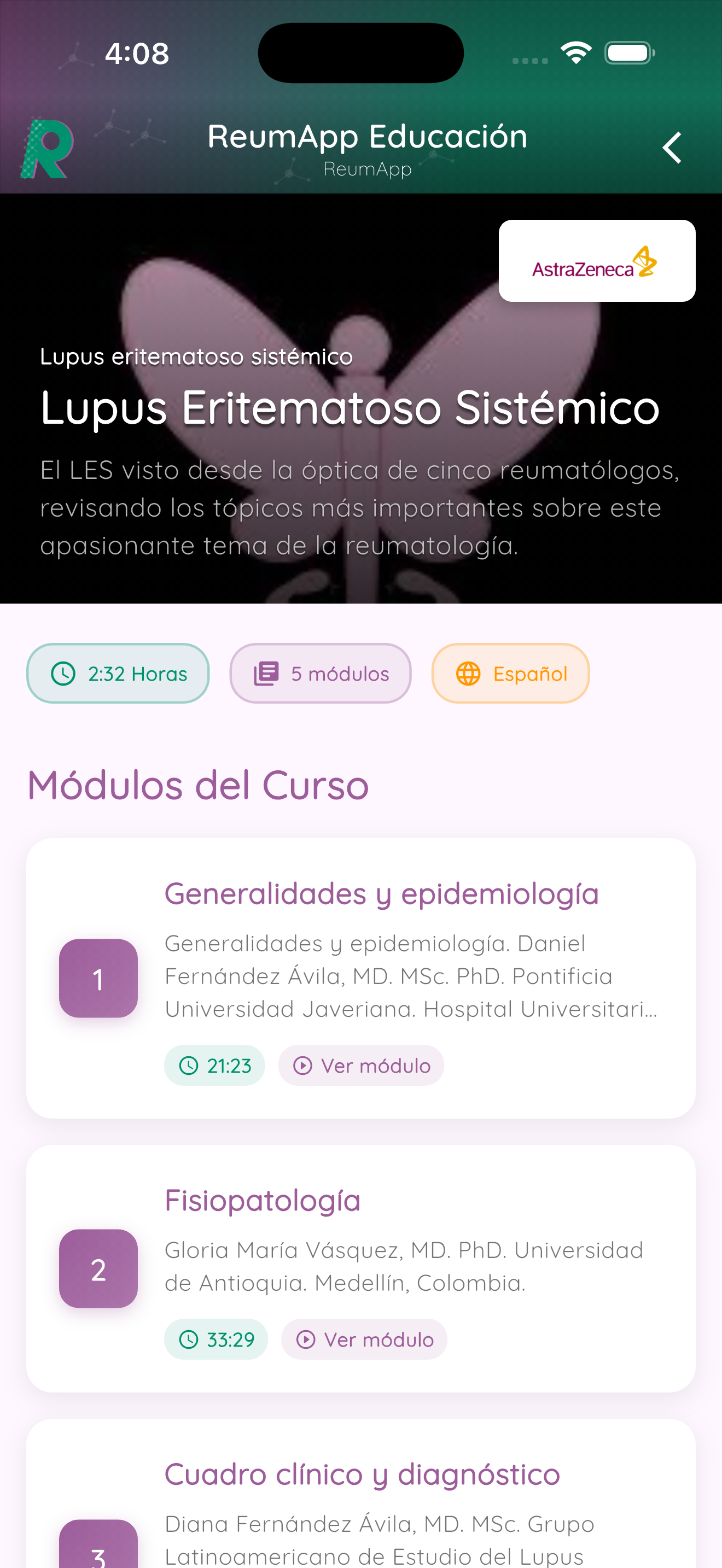 Detalle de un curso en ReumApp