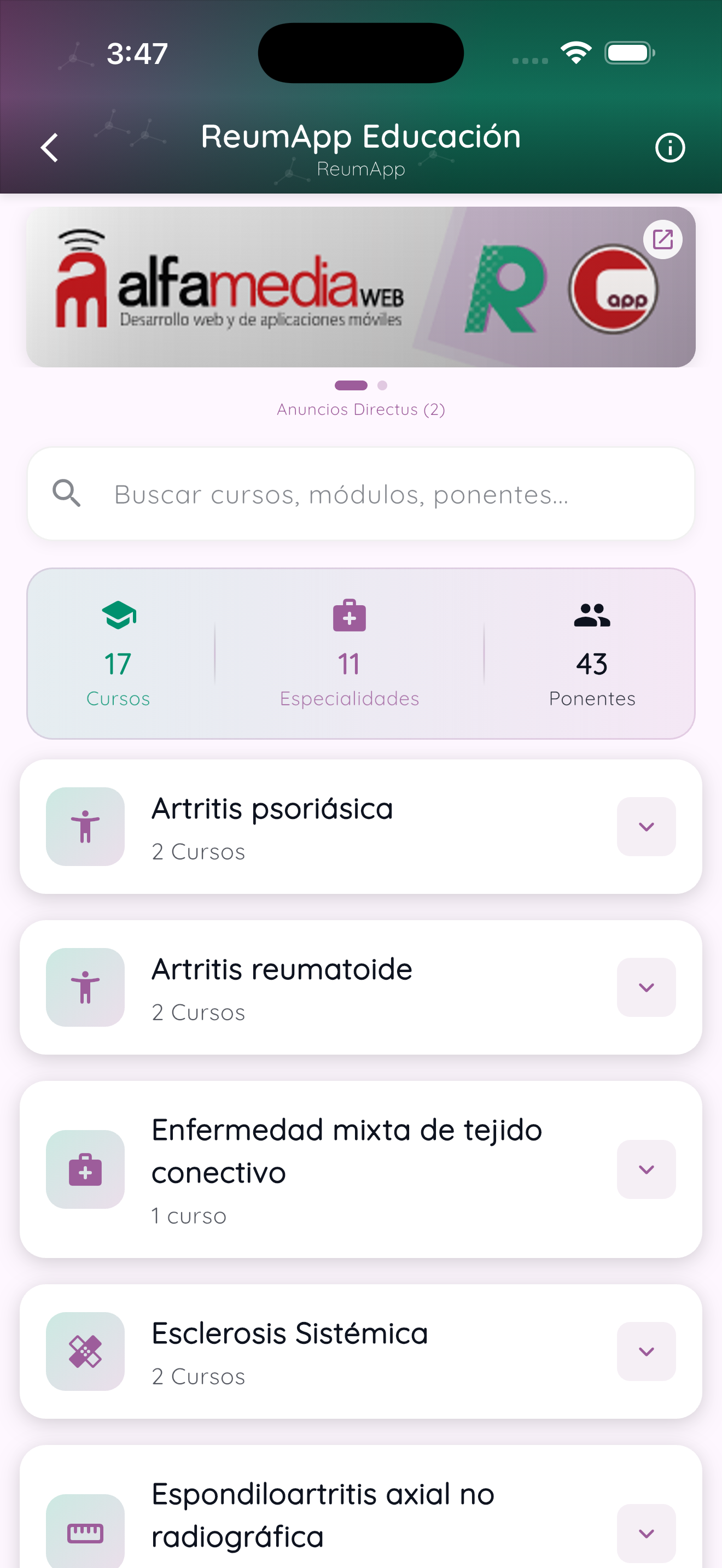 Catálogo real de cursos de ReumApp Educación