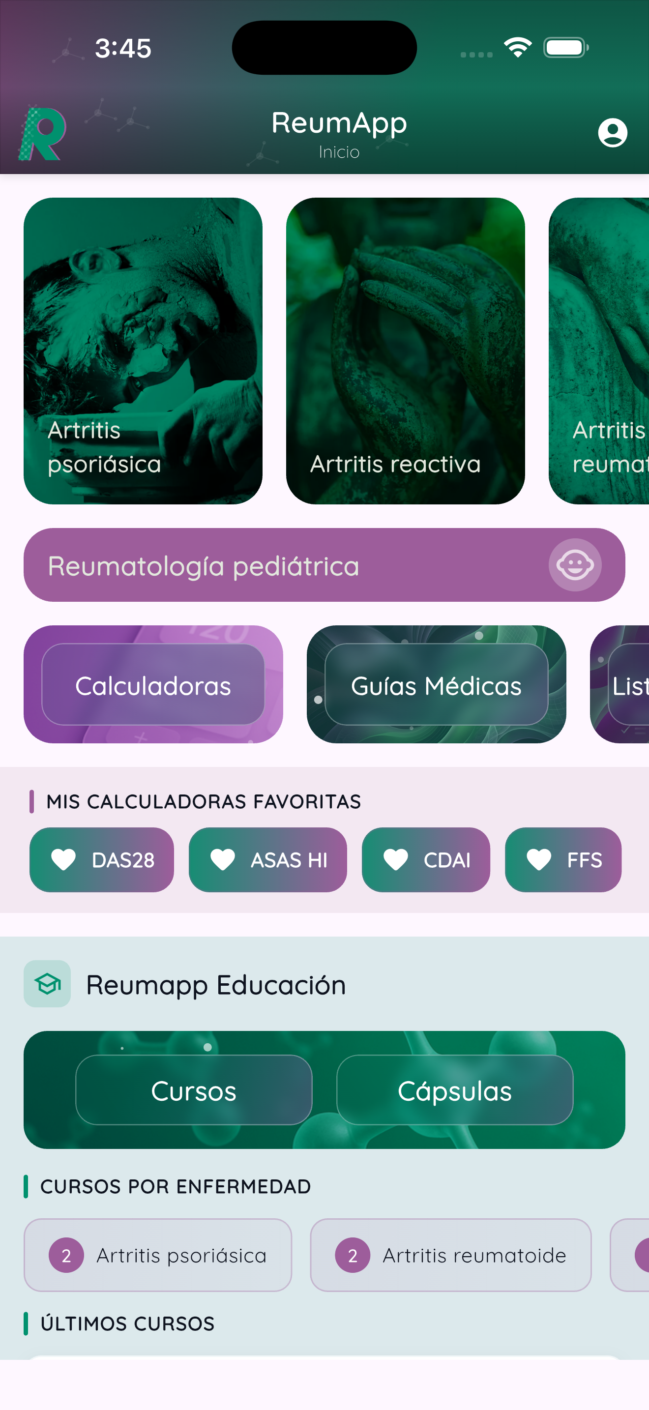 Pantalla real de inicio de ReumApp