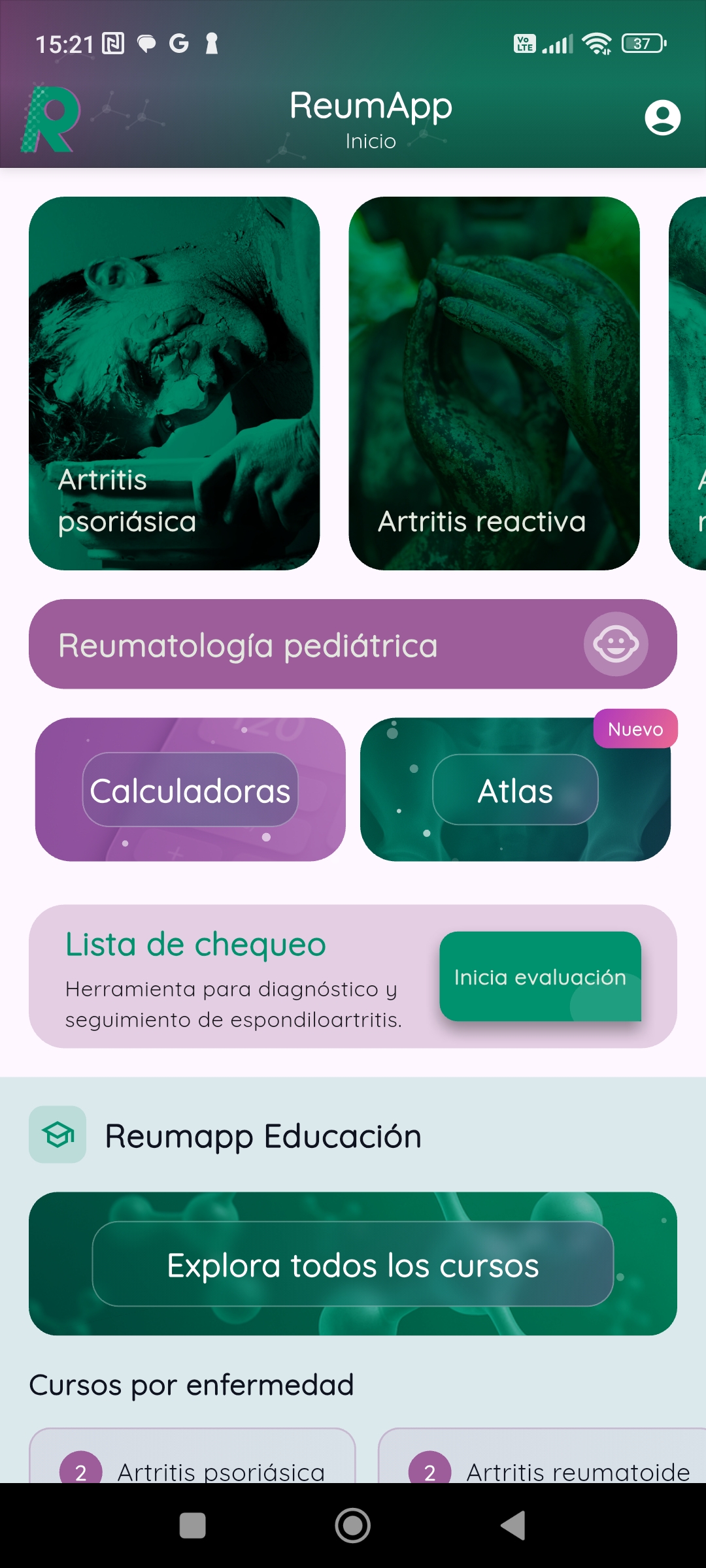 Pantalla de inicio actual de ReumApp